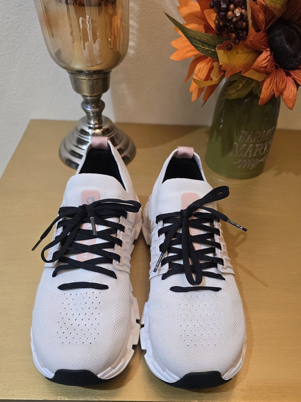 On Running White Knit Sneakers with Black Laces and Pink Accents